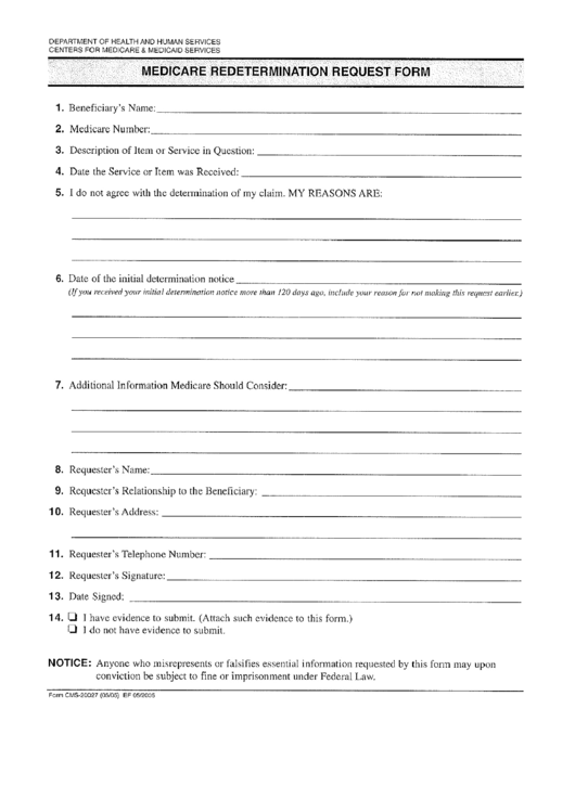 Form Cms-20027 - Medicare Redetermination Request Form, Form Cms-20034 - Request For Medicare Hearing By An Administrative Law Judge Etc. Printable pdf