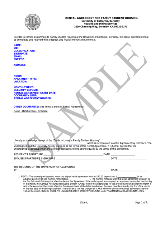 Sample Rental Agreement Template For Family Student Housing Printable pdf
