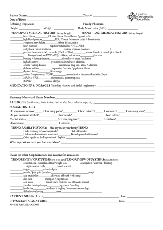 Patient Information Form Printable pdf