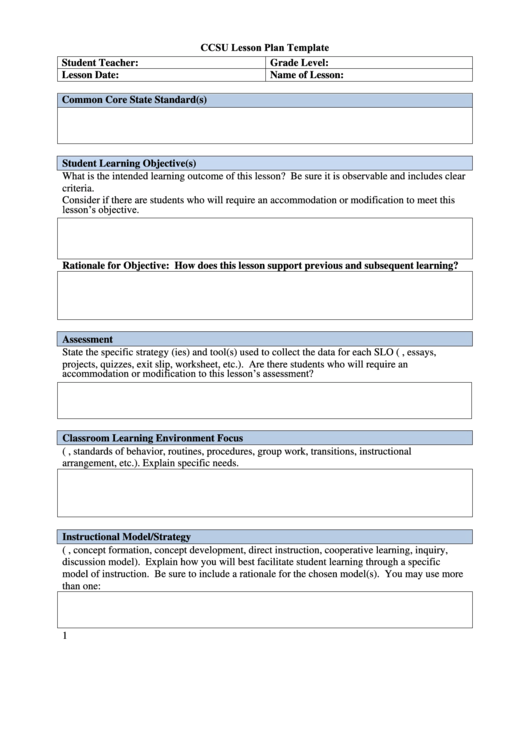 Ccsu Lesson Plan Template Printable pdf