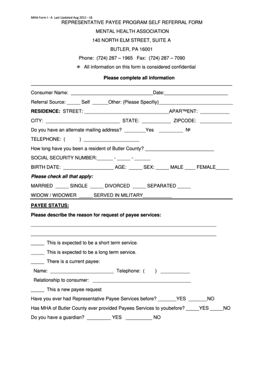 Representative Payee Program Self Referral Form Printable pdf