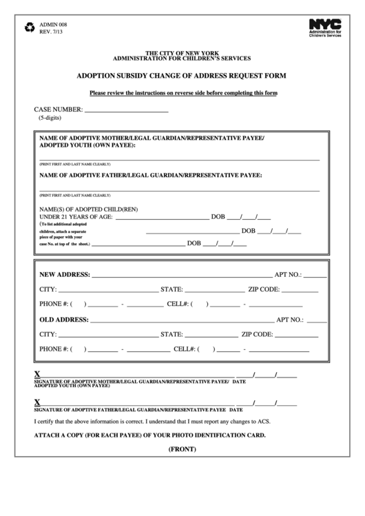 Adoption Subsidy Change Of Address Request Form Printable pdf