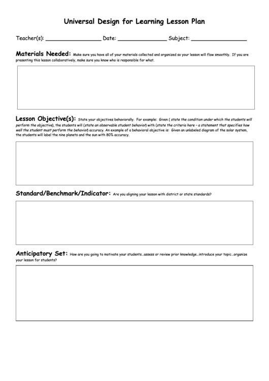 Universal Design For Learning Lesson Plan Template Printable pdf