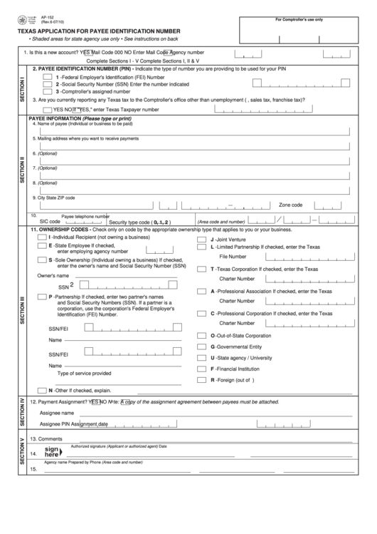 Fillable Texas Application For Payee Identification Number Printable pdf