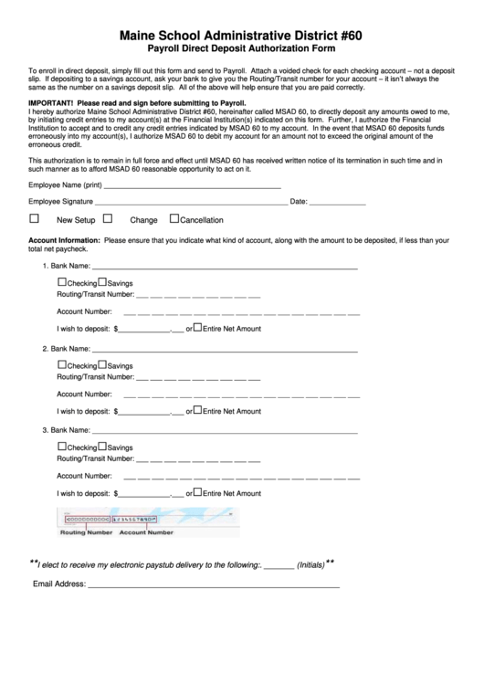 Payroll Direct Deposit Authorization Form - Maine School Administrative District 60 Printable pdf