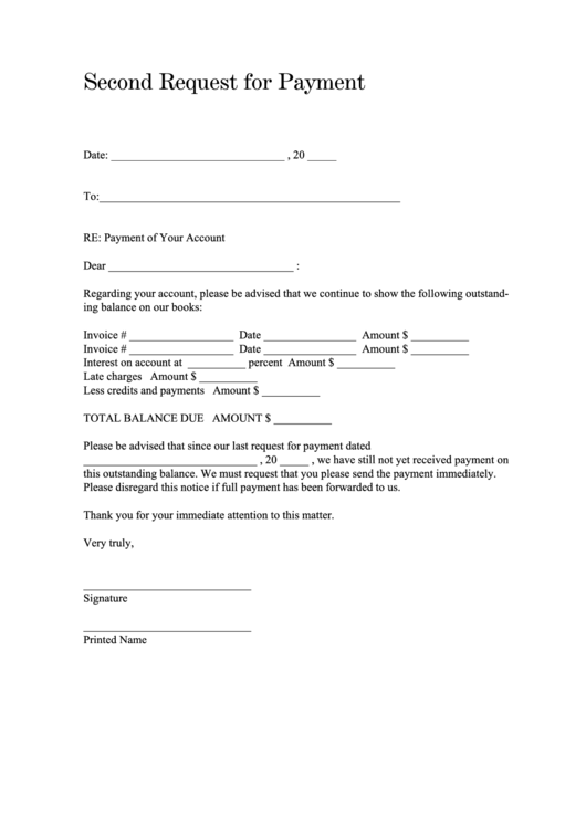 Second Request For Payment Form Printable pdf