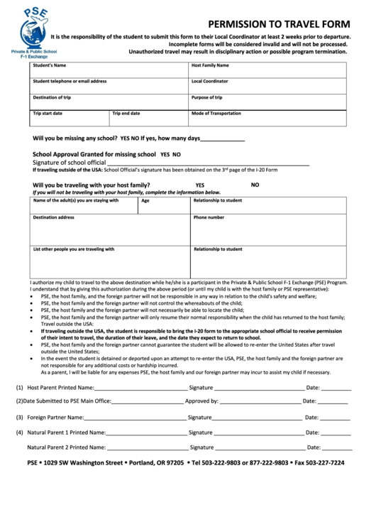 Fillable Permission To Travel Form - Oregon Printable pdf