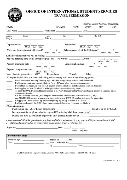 Fillable Travel Permission Form - Pepperdine University Printable pdf