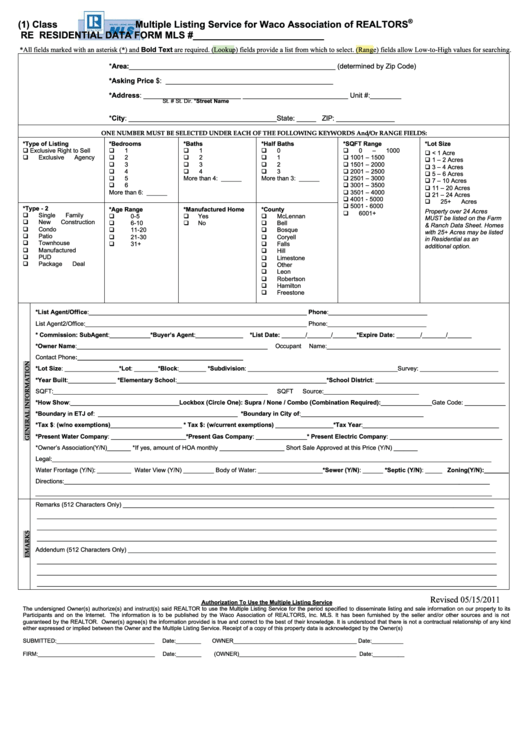 Residential Data Form - Multiple Listing Service For Waco Association Of Realtors Printable pdf