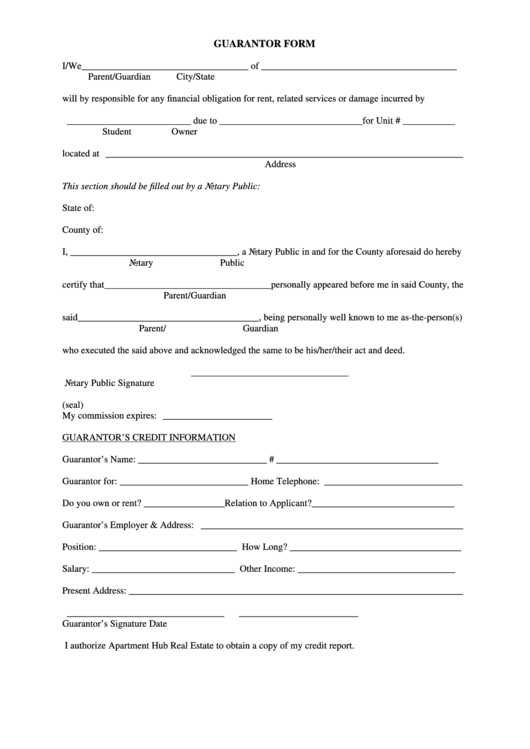 Fillable Guarantor Form Printable pdf