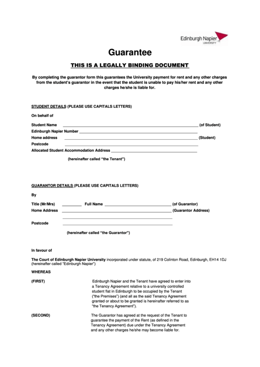 Guarantee Form - Edinburgh Napier University Printable pdf