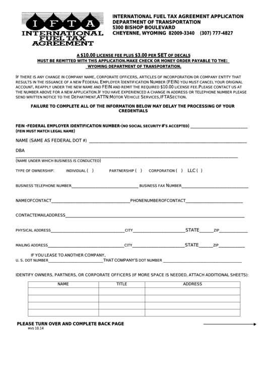 International Fuel Tax Agreement Application Form - 2014 Printable pdf