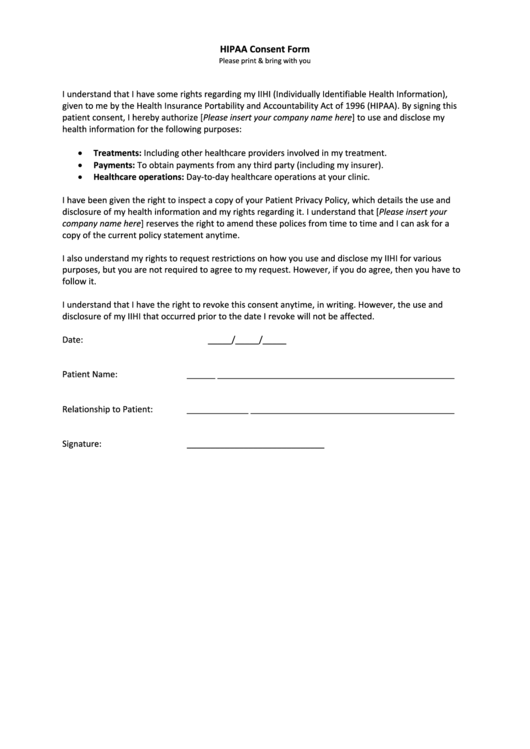 Hipaa Consent Form Printable pdf