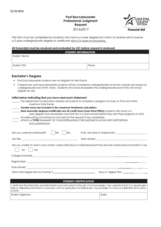 Fillable Post Baccalaureate Professional Judgment Request Form Printable pdf