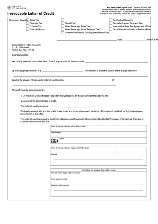 Fillable Form 00-812 - Irrevocable Letter Of Credit Form - Texas Printable pdf
