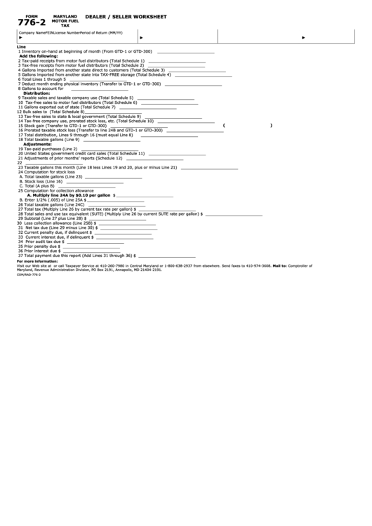 Fillable Form 776-2 - Dealer / Seller Worksheet - Maryland Motor Fuel Tax Printable pdf