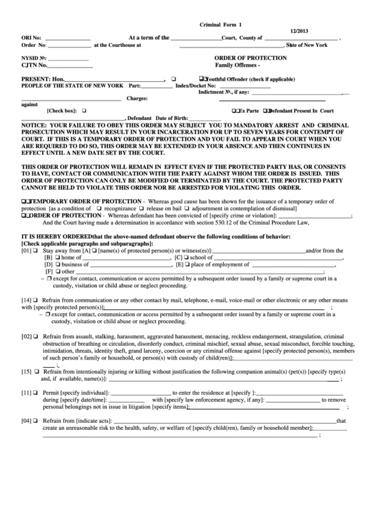 Order Of Protection Form - Criminal Form 1 - New York Printable pdf