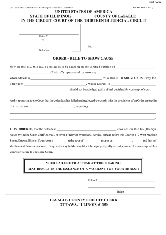 Fillable Form 71 - Order For Rule To Show Cause Printable pdf