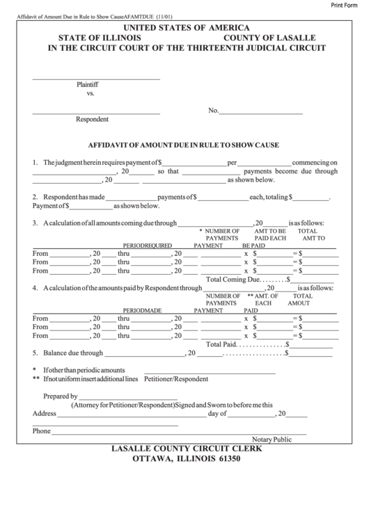 Fillable Affidavit Of Amount Due In Rule To Show Cause Form Printable pdf