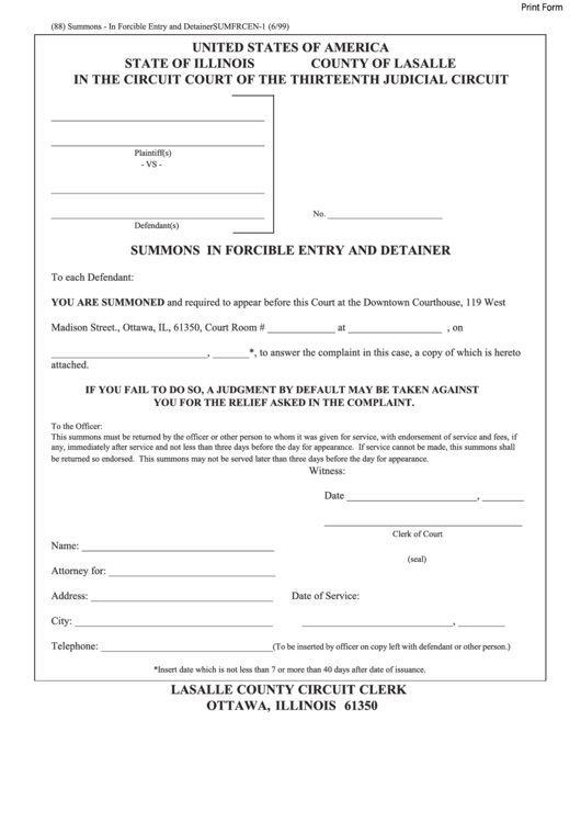 Fillable Form 88 - Summons Forcible Entry And Detainer Printable pdf