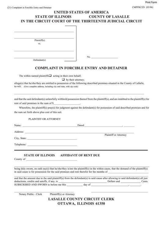 Fillable Form 21 - Complaint In Forcible Entry And Detainer Printable pdf