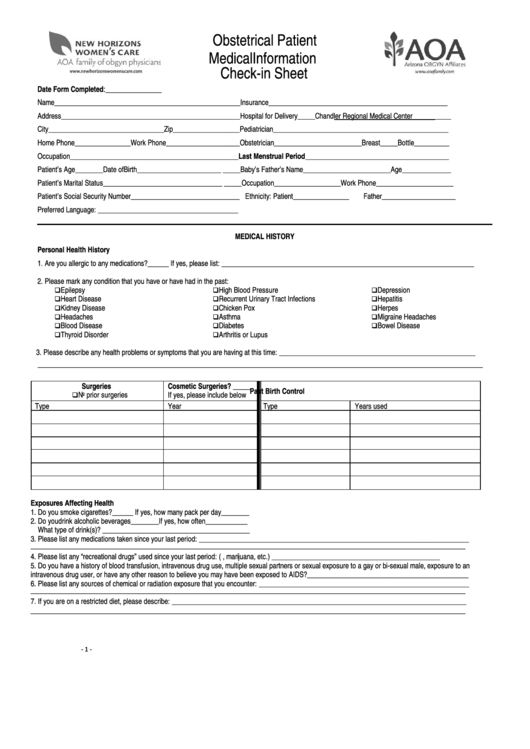 Obstetrical Patient Medical Information Check-In Sheet - Aoa Arizona Printable pdf