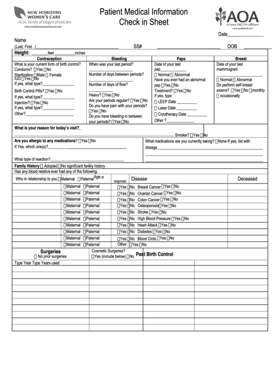 Fillable Patient Medical Information Check In Sheet - Aoa Arizona Printable pdf