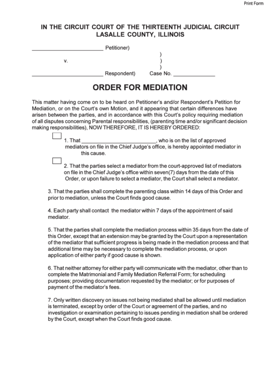 Fillable Order For Mediation - Circuit Court Lasalle County, Illinois Printable pdf