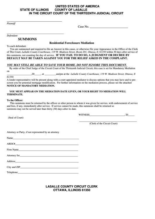 Fillable Mediation Summons Form Printable pdf