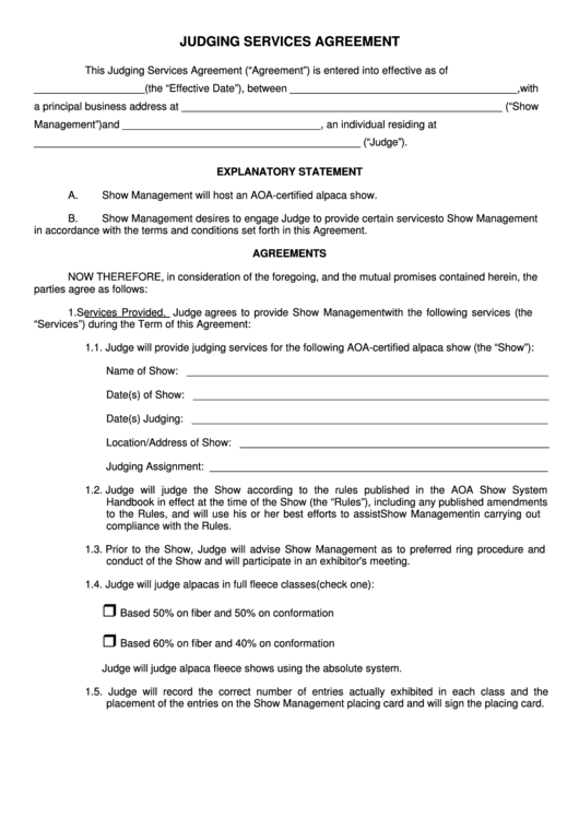 Fillable Judging Services Agreement Form Printable pdf