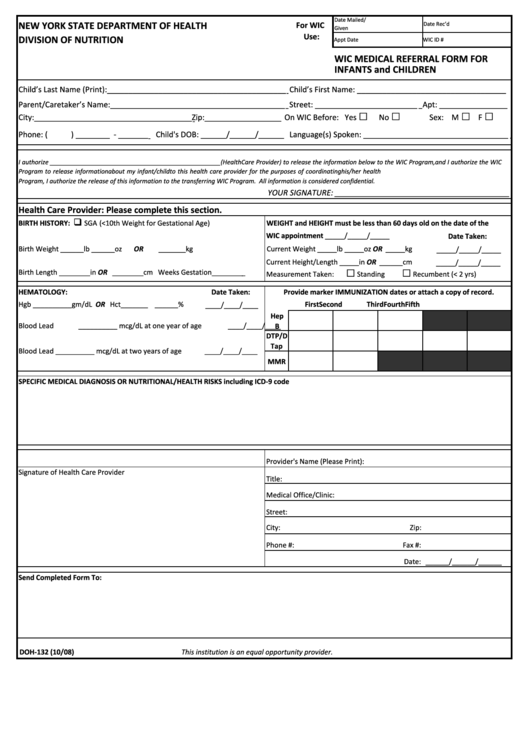 Form Doh-132 - Wic Medical Referral Form For Infants And Children Printable pdf