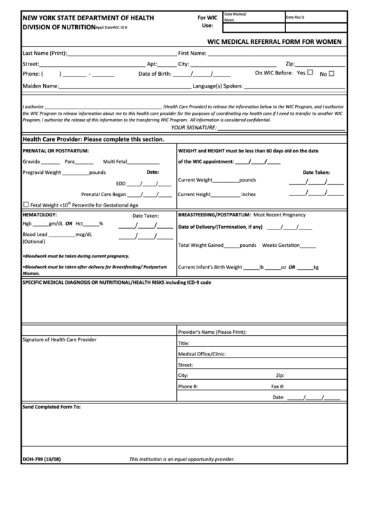 Form Doh-799 - Wic Medical Referral Form For Women Printable pdf