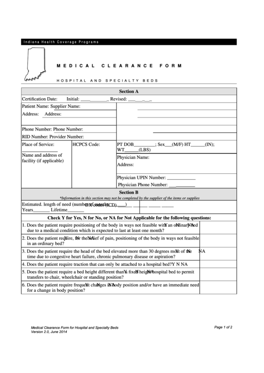 Fillable Medical Clearance Form - Indiana Health Coverage Programs Printable pdf