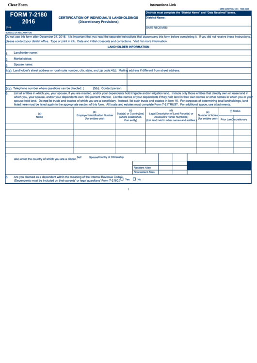 Fillable Form 7-2180 - Certification Of Individual