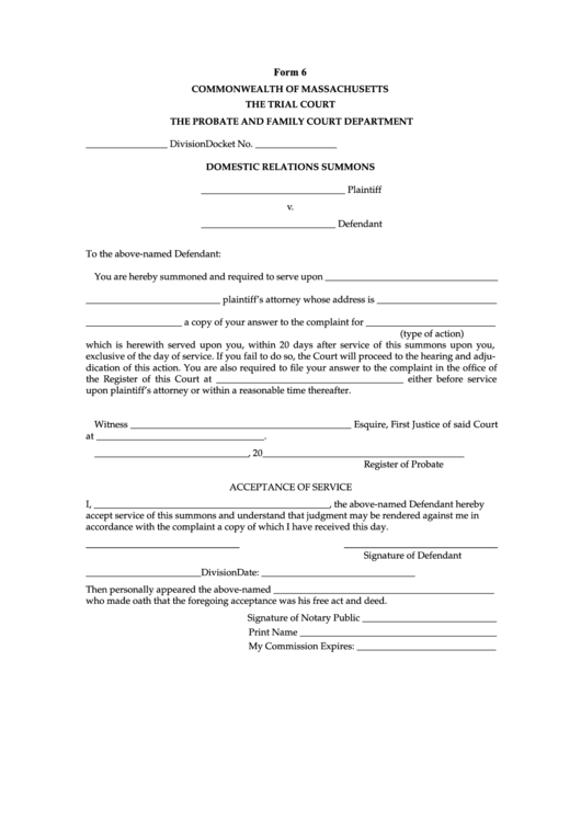 Fillable Form 6 - Domestic Relations Summons - Massachusetts The Probate And Family Court Department Printable pdf