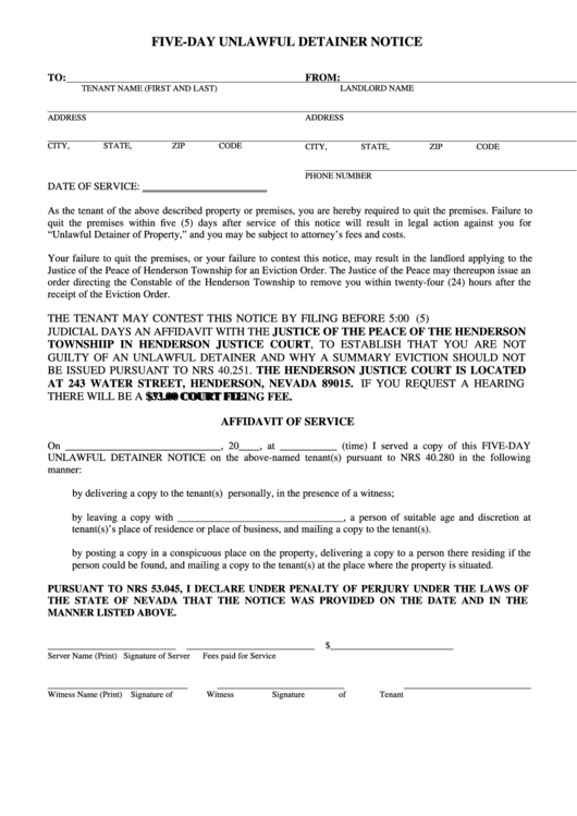 Fillable Five-Day Unlawful Detainer Notice Form - Nevada Printable pdf
