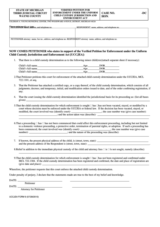 Uccjea Form 9 - Verified Petition For Enforcement Under Uccjea