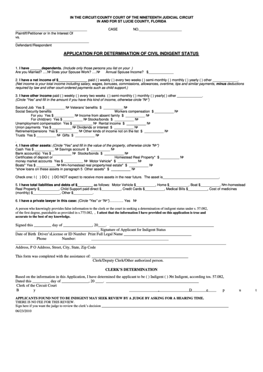 Fillable Application For Determination Of Civil Indigent Status - St. Lucie County, Florida Printable pdf