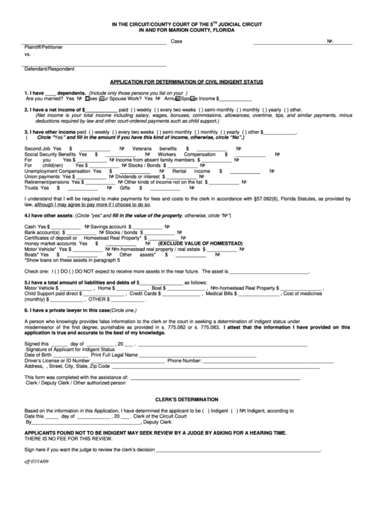 Application For Determination Of Civil Indigent Status - Marion County, Florida Printable pdf