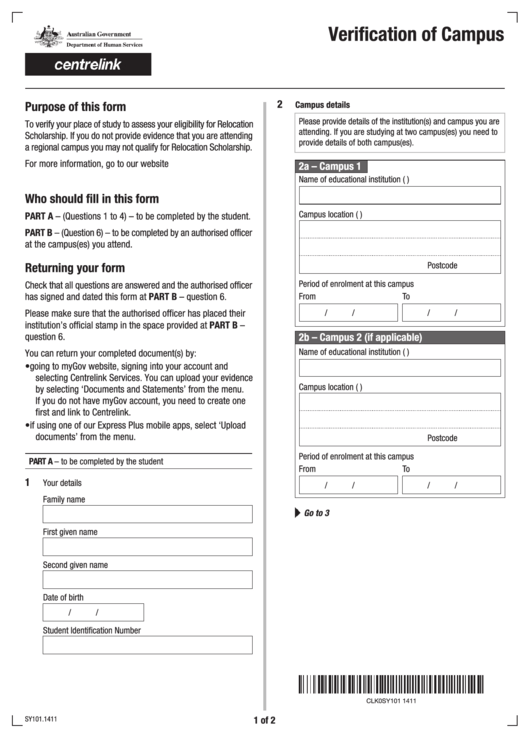 Form Sy101.1411 - Verification Of Campus - Australia Government - Department Of Human Services Printable pdf