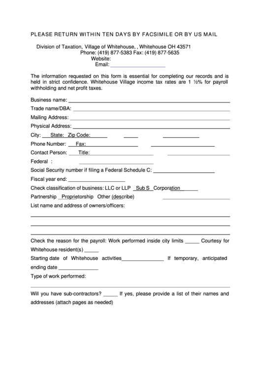 Business Questionaire Template - Division Of Taxation, Village Of Whitehouse Printable pdf