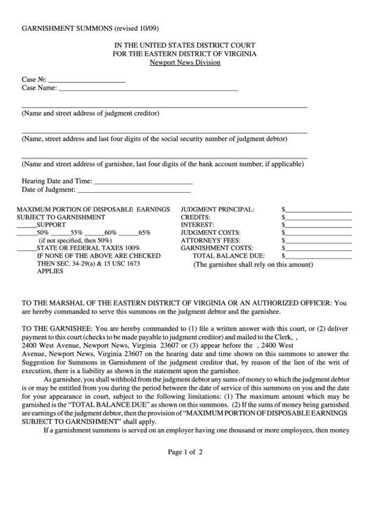 Garnishment Summons Form - Newport News Division, Virginia Printable pdf