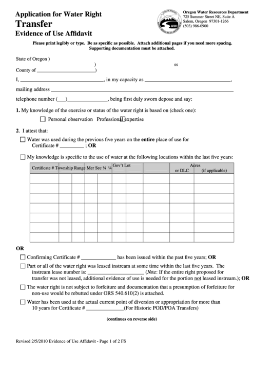 Application For Water Right Transfer Evidence Of Use Affidavit Form - Oregon Water Resources Department Printable pdf