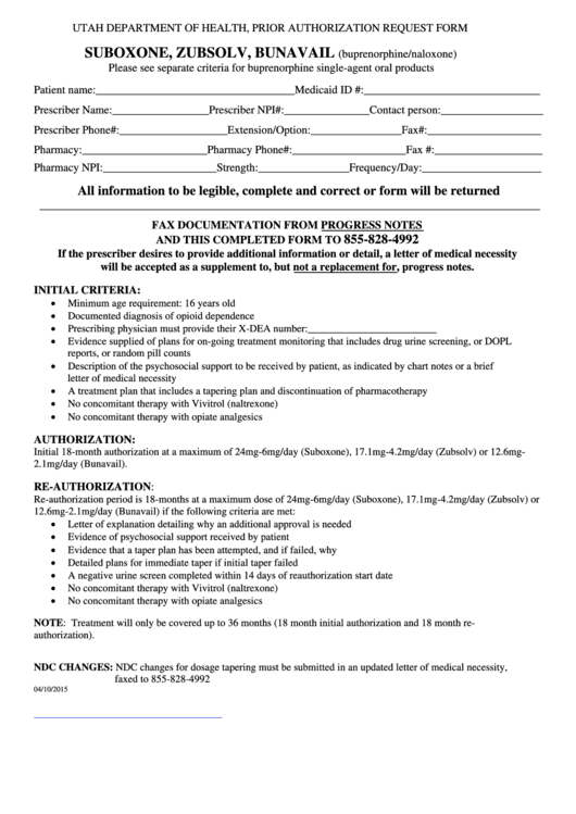 Prior Authorization Request Form (Suboxone, Zubsolv, Bunavail) - Utah Department Of Health Printable pdf
