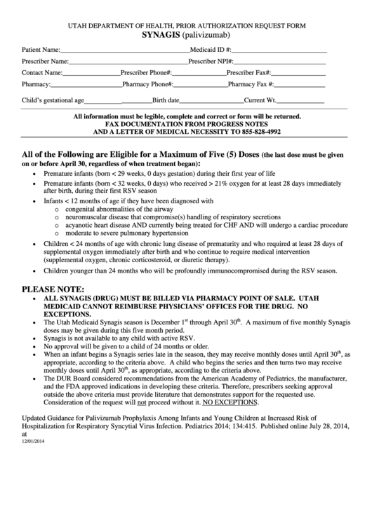 Prior Authorization Request Form (Synagis) - Utah Department Of Health Printable pdf