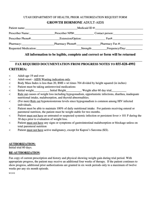 Prior Authorization Request Form (Growth Hormone) - Utah Department Of Health Printable pdf