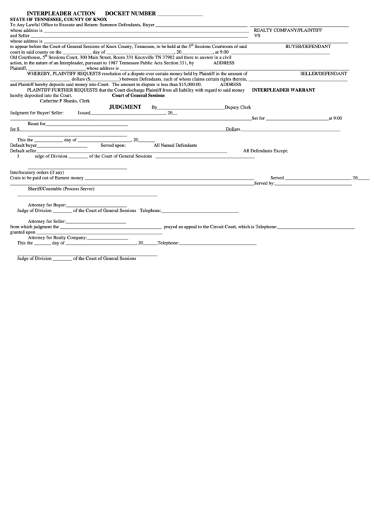 Interpleader Warrant Form Printable pdf