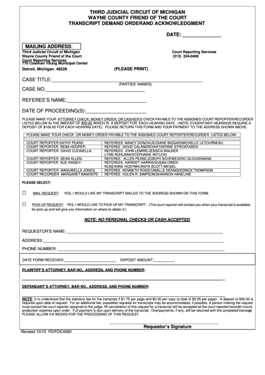 Fillable Form Fd-Foc4060 - Transcript Request Form ) Printable pdf