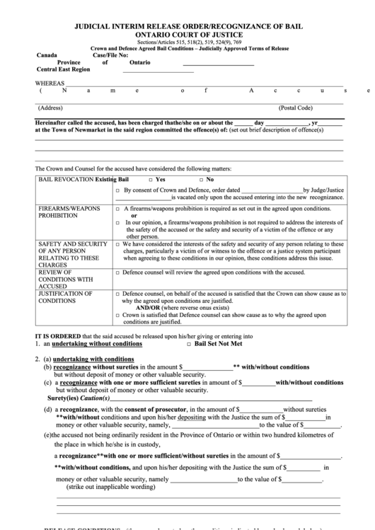 Judicial Interim Release Order Form Printable pdf