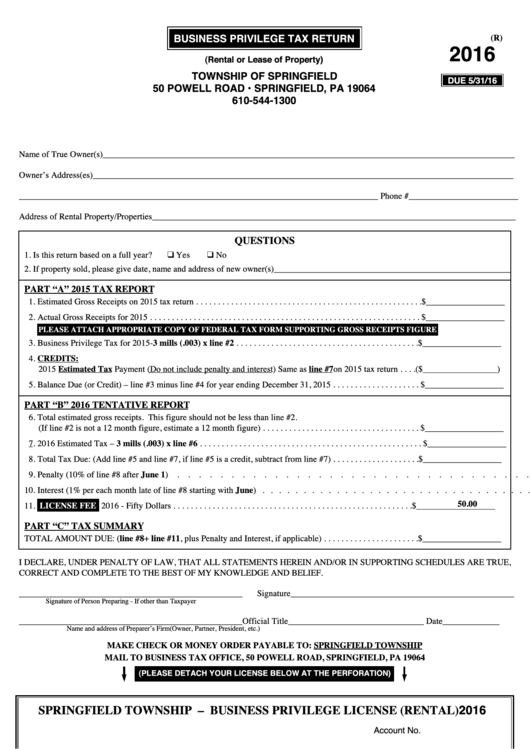 Business Privilege Rental Tax Return Form - 2016 Printable pdf